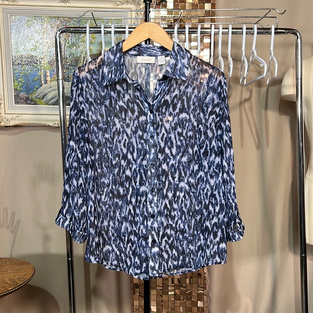 Chico's Blue Abstract Sheer 3/4 Sleeve Blouse Size 1 P2P 20-21”